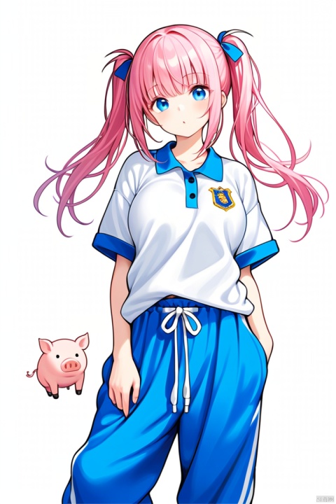  1girl, solo, pink hair, pig_tails,
baggy_clothes, (white shirt), white polo_shirt with school_emblem, baggy_pants, oversized_blue_sweatpants, blue_joggers, oversized_clothes, blue_shirt_collars, short_sleeves, long_pants, blue_pants, 
 (white_background), [buttons], simple_background, abrstact_background, 
 (masterpiece), breast, 