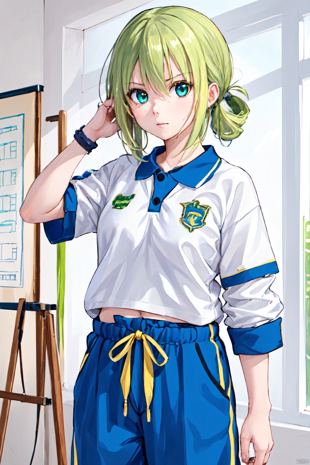  1girl, solo, green hair, standing, smirk, curious, one_hand_raised, hand_on_head, blue pants, cowboy_shot, CHN_school_uniform ,chinese_school_uniform, alina gray, blunt ends,single hair ring,small breasts, hair rings,blush,wristband, (art classroom), indoors, easel, hand on own face