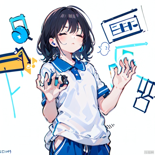  1girl, solo, listening music, closed_eyes, arm_raised, back of hand, standing, long black hair, blue pants, cowboy_shot, white_background, CHN_school_uniform ,chinese_school_uniform, musical_notes, earbud chord, [earphone], 