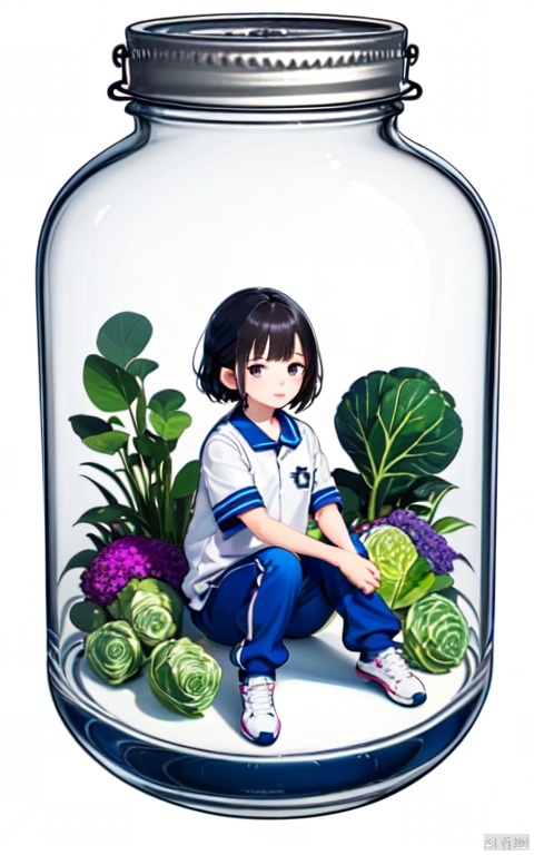  flat illustration style, minigirl, mini girl, 1girl in a jar, jar, simple background, full body, (cabbage) jar, flowers, sitting, CHN_school_uniform, Chinese_school_uniform, blue pants, world in a bottle, black hair, white sneakers,