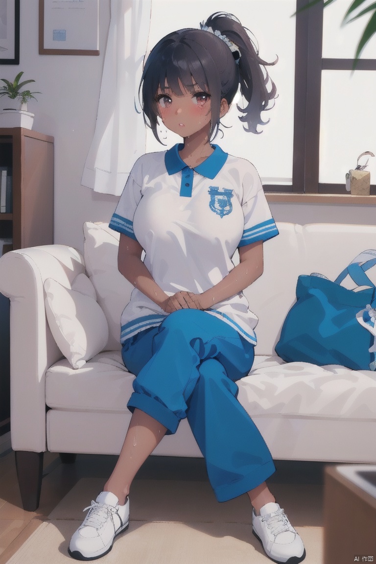  1girl, solo, confused_look, black_hair, high_ponytail, sitting, brown_skin, dark_skinned_female, crossed_legs_(sitting), blue baggy pants, CHN_school_uniform, Chinese_school_uniform, white sneakers, large_breasts, muscular_female, sofa, coach, clothes_dentation, window, indoors, sweat, blush, from_below,