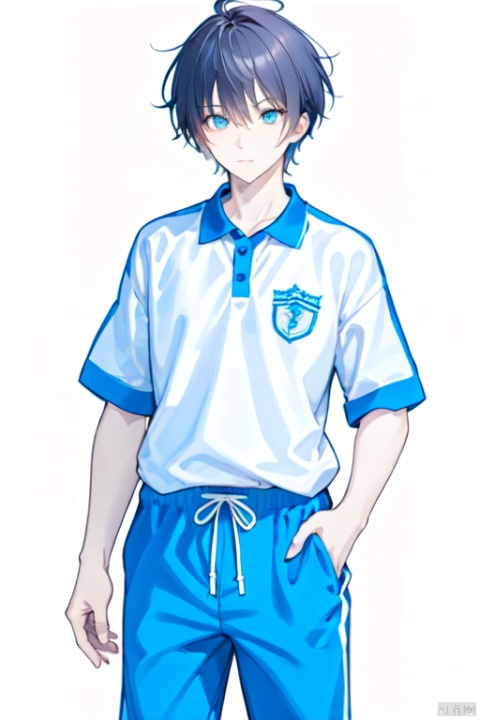  1boy, solo, standing, (black_hair), blue pants, cowboy_shot, white_background, CHN_school_uniform ,chinese_school_uniform, polo shirt, short_sleeves, Apricot eye, 1male,<lora:660447313082219790:1.0>