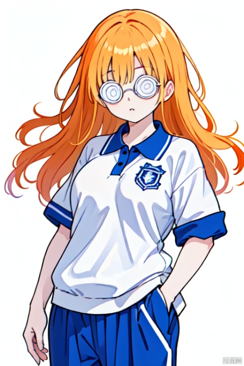  1girl, ((@@_glasses)), ((@ @)), spiral_eyes, solo, school_uniform, orange long hair, CHN_school_uniform, chinese_school_uniform, track pants, polo shirt,,<lora:660447313082219790:1.0>