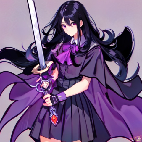 1girl, solo, long hair, looking at viewer, skirt, simple background, shirt, black hair, gloves, holding, hair between eyes, closed mouth, school uniform, purple eyes, weapon, short sleeves, cowboy shot, pleated skirt, collared shirt, sword, fingerless gloves, black skirt, pink eyes, cape, holding weapon, ascot, holding sword
