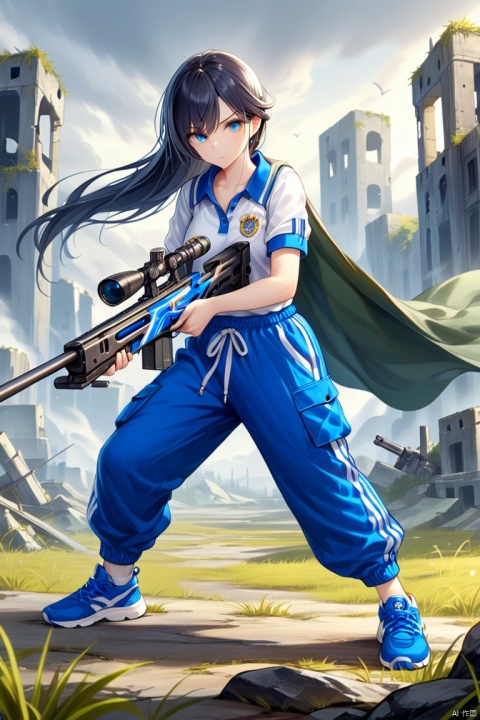  1girl, solo, long black hair, wielding a futuristic sniper rifle, drab green cape,
baggy_clothes, (white shirt), white polo_shirt with school_emblem, baggy_pants, oversized_blue_sweatpants, blue_joggers, oversized_clothes, blue_shirt_collars, short_sleeves, long_pants, blue_pants, 
cowboy_shot, dusty background,ruins, smoke,
 (masterpiece), breast, 