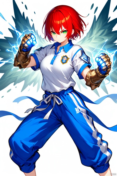  1girl, solo, red hair, short hair, Wearing fist gauntlets, green patina bronze gauntlets,
baggy_clothes, (white shirt), white polo_shirt with school_emblem, baggy_pants, oversized_blue_sweatpants, blue_joggers, oversized_clothes, blue_shirt_collars, short_sleeves, long_pants, blue_pants, 
 (white_background), [buttons], simple_background, abrstact_background, 
 (masterpiece), breast, battle_stance