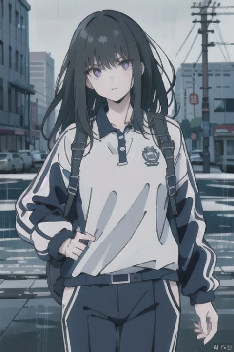  1girl, solo, cowboy_shot, looking at viewer, open clothes, outdoors, cityscapes, heavy (rain), white shirt under jacket, 
(inoue_takina), black hair, purple eyes, closed_mouth, serious, holster belt, tactical backpack, mS uniform jacket, CHN_school_uniform, Chinese_school_uniform, polo shirts, pants,