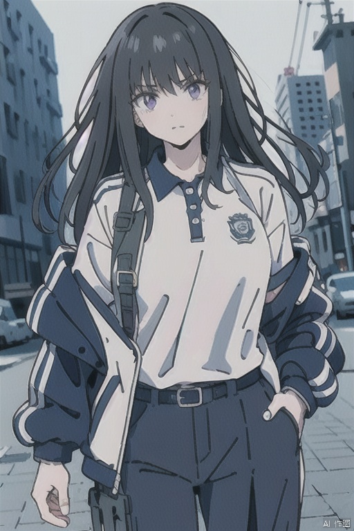  1girl, solo, cowboy_shot, looking at viewer, (open clothes), outdoors, cityscapes, heavy rain, white shirt under jacket, 
(inoue_takina), black hair, purple eyes, closed_mouth, serious, webbing, holster, tactical gear, belt pockets, mS uniform jacket, CHN_school_uniform, Chinese_school_uniform, polo shirts,