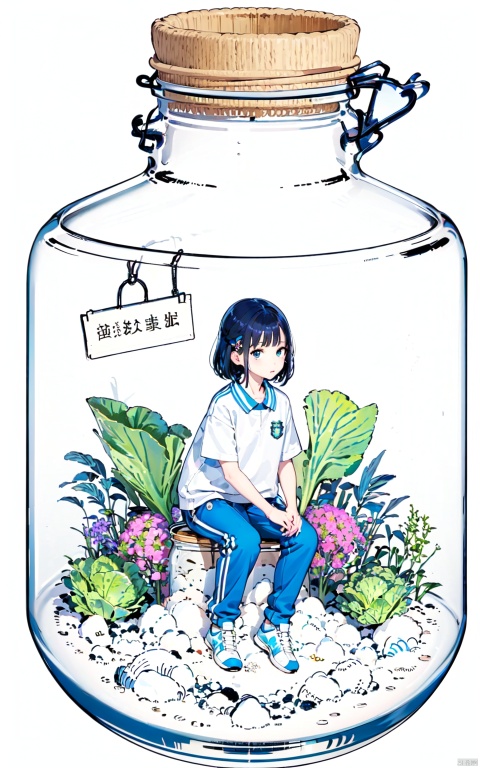  flat illustration style, minigirl, mini girl, 1girl in a jar, jar, simple background, full body, (cabbage) jar, flowers, sitting, CHN_school_uniform, Chinese_school_uniform, blue pants, world in a bottle, black hair, white sneakers, line art, phgls, in container,