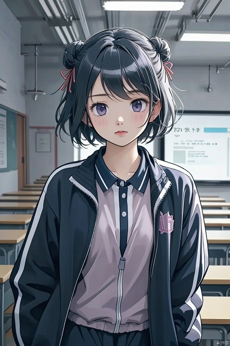  mS Uniform, mS Uniform jacket,1girl,solo, cowboy_shot, short hair, looking at viewer, black hair, unease, open clothes, classroom, kuroe (madoka magica), hair bun, red hairband, dot nose, closed mouth, sidelocks,