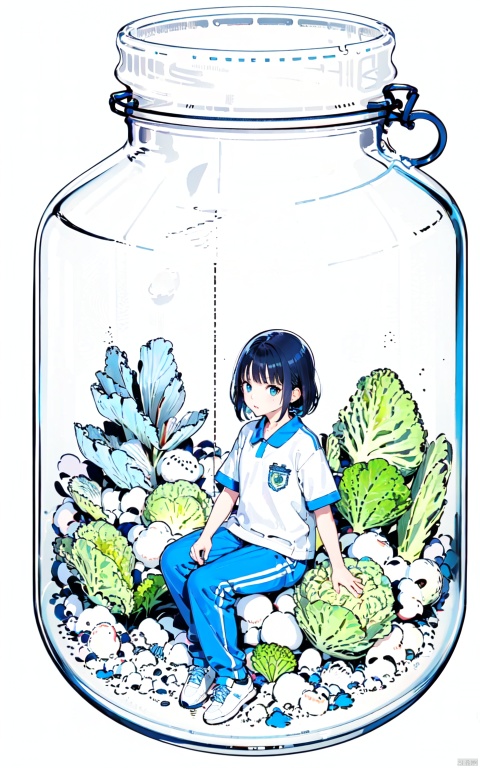  flat illustration style, minigirl, mini girl, 1girl in a jar, jar, simple background, full body, (cabbage) jar, vegetables, sitting, CHN_school_uniform, Chinese_school_uniform, blue pants, world in a bottle, black hair, white sneakers, line art, phgls, in container,