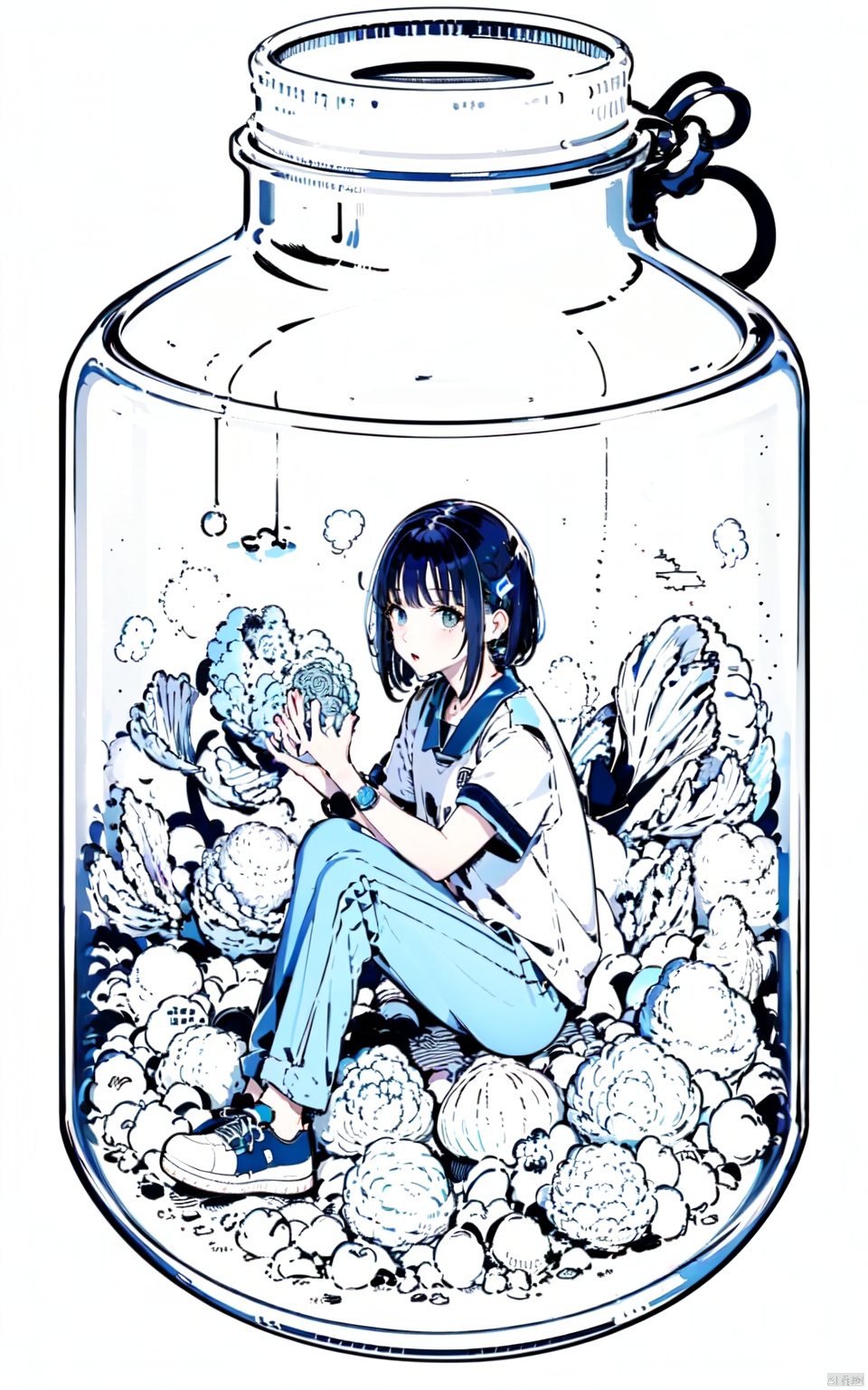  line art style, minigirl, mini girl, 1girl in a jar, jar, simple background, full body, (cabbage) jar, vegetables, sitting, CHN_school_uniform, Chinese_school_uniform, blue pants, world in a bottle, black hair, white sneakers, lineart, phgls, in container, line drawings,