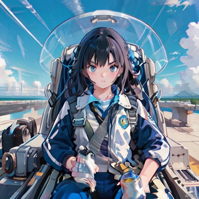  (cockpit), (machinery), canopy, seat, solo, facing viewer, 1girl, black hair, detailed, ((blue sky)), CHN_school_uniform, clouds, sky, long blue pants, mS uniform jacket, high above, horizon, explosion, contrails, , machinery