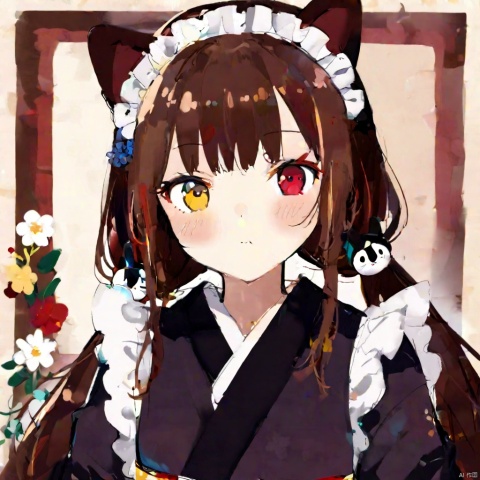  1girl, solo, looking at viewer, blush, bangs, brown hair, hair ornament, red eyes, animal ears, twintails, closed mouth, yellow eyes, upper body, flower, japanese clothes, virtual youtuber, hair flower, kimono, maid headdress, low twintails, heterochromia, dog ears, black kimono, wa maid, inui toko,,,<lora:660447824183329044:1.0>