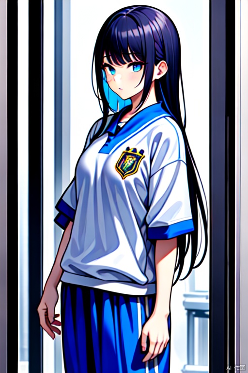  1girl, CHN_school_uniform, chinese_school_uniform, bangs, black_hair, multicolored_hair, cowboy_shot, blue pants, buddhism temple,,,<lora:660447313082219790:1.0>