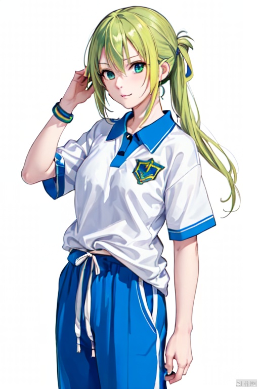  1girl, solo, green hair, standing, smirk, chin_rest, hand_on_face, blue pants, cowboy_shot, white_background, CHN_school_uniform ,chinese_school_uniform, alina gray, blunt ends,single hair ring,small breasts, hair rings,blush,wristband,