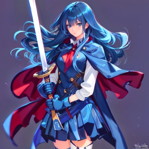 1girl, solo, long hair, looking at viewer, blue eyes, skirt, simple background, thighhighs, gloves, holding, blue hair, weapon, pleated skirt, sword, cape, holding weapon, blue skirt, holding sword, blue gloves