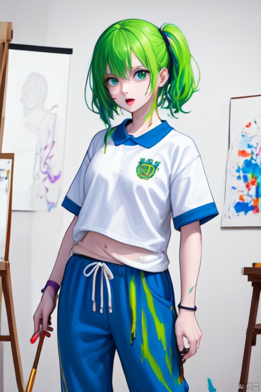  1girl, solo, green hair, standing, smile, open mouth, orange and purple paint splatter on shirt, paint, (paint splatter on face), blue pants, cowboy_shot, CHN_school_uniform ,chinese_school_uniform, alina gray, blunt ends,single hair ring,small breasts, hair rings,wristband, [[paintbrush]],  paint, painting \(action\), palette \(object\), canvas \(object\), easel,  dark indoors,