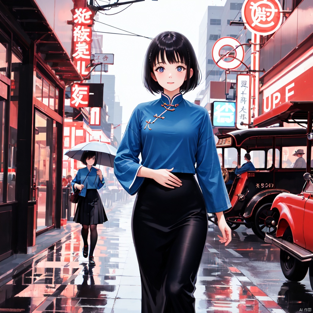  dieselpunk, dusk, flat_color, 1girl, solo, black hair, bob_cut, walking, minguo_school_uniform, black long skirt, blue blouse, [[Chinese dress]], cowboy_shot, 1920s, early_20th_century, street, rain, chicago, neon light, antique car, 