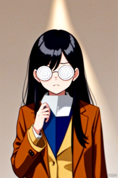  1girl, ((@@_glasses)), ((@ @)), opaque glasses, solo, black long hair, cowboy_shot, brown overcoat, frown, holding book, simple_background,,,<lora:660447313082219790:1.0>