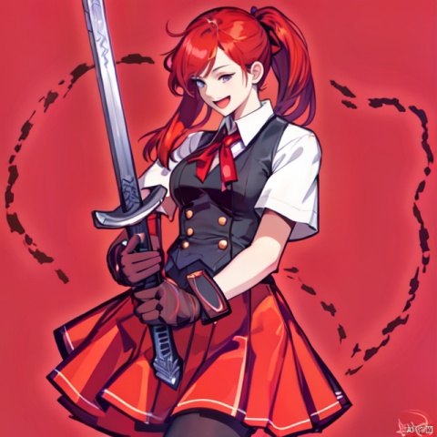 1girl, solo, long hair, smile, open mouth, skirt, simple background, shirt, gloves, ribbon, holding, school uniform, ponytail, weapon, short sleeves, pantyhose, red hair, pleated skirt, sword, holding weapon, vest, red skirt, holding sword, red background, brown gloves