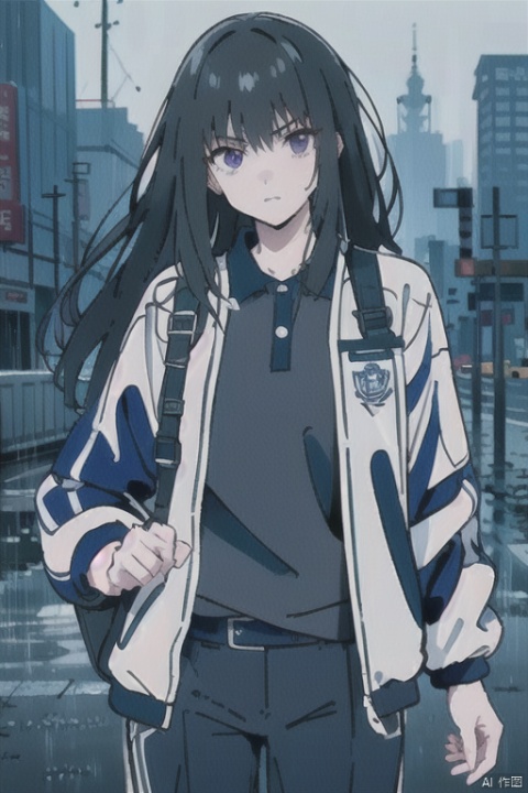  1girl, solo, cowboy_shot, looking at viewer, open clothes, outdoors, cityscapes, heavy (rain), white shirt under jacket, 
(inoue_takina), black hair, purple eyes, closed_mouth, serious, holster belt, tactical backpack, mS uniform jacket, CHN_school_uniform, Chinese_school_uniform, polo shirts, pants,