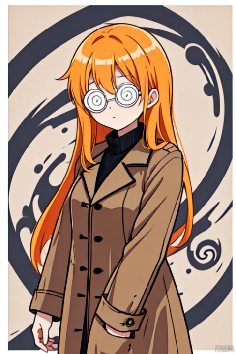  1girl, ((@@_glasses)), ((@ @)), ((spiral_eyes)), solo, orange long hair, cowboy_shot, brown overcoat, frown,,<lora:660447313082219790:1.0>