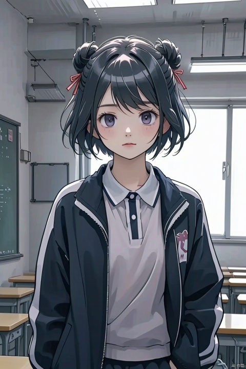  mS Uniform, mS Uniform jacket,1girl,solo, cowboy_shot, short hair, looking at viewer, black hair, unease, open clothes, classroom, kuroe (madoka magica), hair bun, red hairband, dot nose, closed mouth, sidelocks,