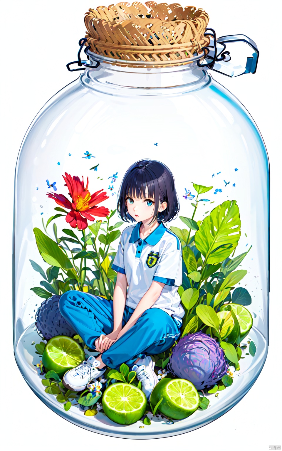  flat illustration style, minigirl, mini girl, 1girl in a jar, jar, simple background, full body, (cabbage) jar, flowers, sitting, CHN_school_uniform, Chinese_school_uniform, blue pants, world in a bottle, black hair, white sneakers, line art, phgls, in container,