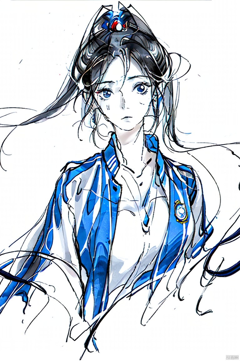  1girl,solo,Mystical Translation, 
Timeless Translation, mS uniform, mS uniform jacket, Chinese_school_uniform, 
The watercolor beauty was ethereal and graceful, 
her delicate features exuding an enigmatic charm that was both elegant and serene, ink-washing painting, blue monochrome, 