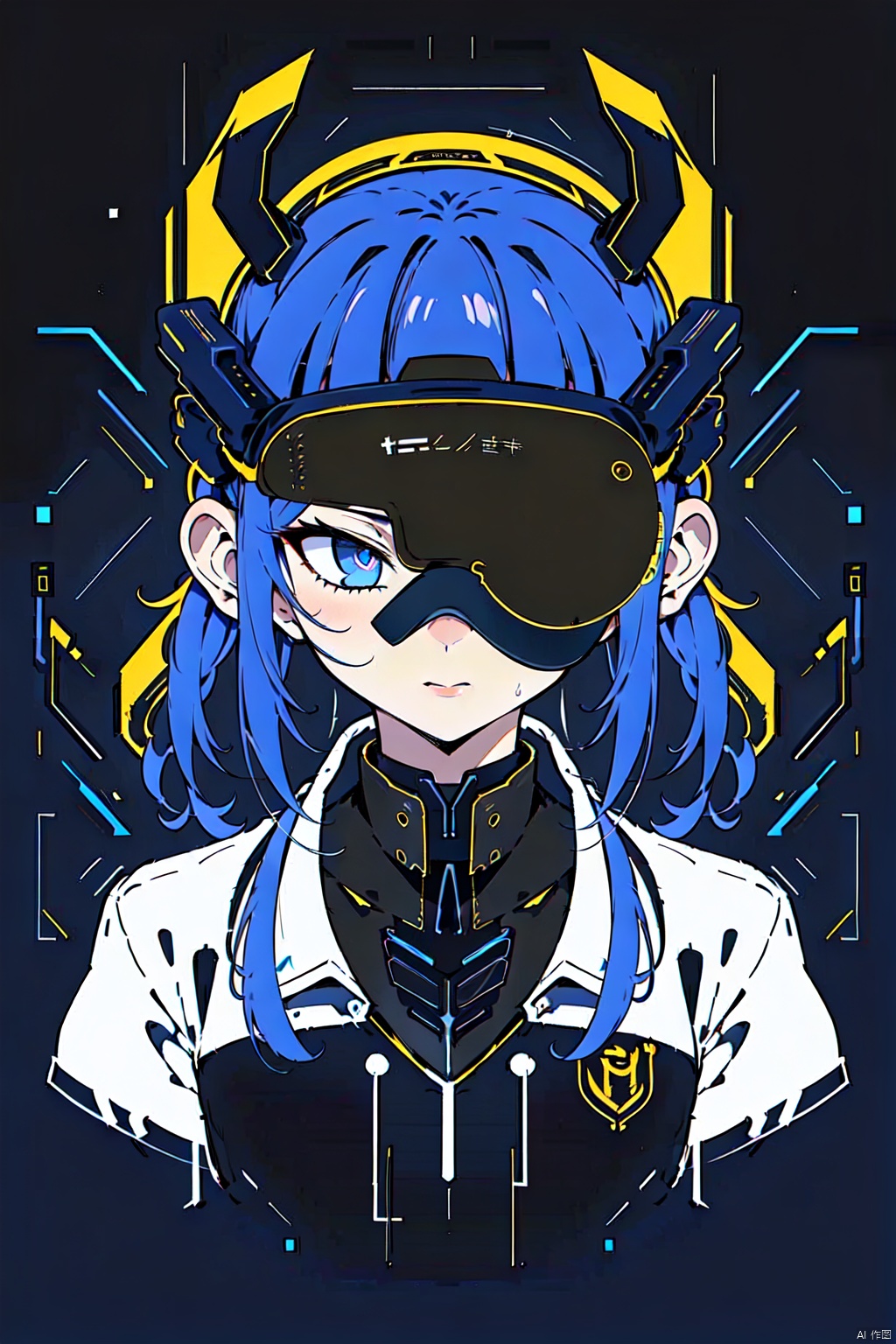  1girl, CHN_school_uniform, chinese_school_uniform, shirt, bangs, colorful_hair, blue, upper body, cybernetic, machinery background, line arts, radio , White oculus vr glasses, klein_blue, ((covered_eyes)), 