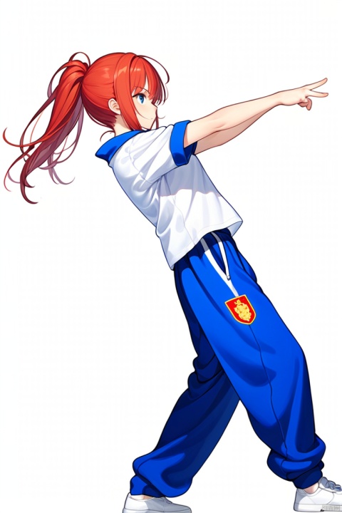  1girl, solo, red hair, ponyhair, tomboy, 
baggy_clothes, (white shirt), white polo_shirt with school_emblem, baggy_pants, oversized_blue_sweatpants, blue_joggers, oversized_clothes, blue_shirt_collars, short_sleeves, long_pants, blue_pants, 
 (white_background), [buttons], simple_background, abrstact_background, 
 (masterpiece), breast, battle_stance