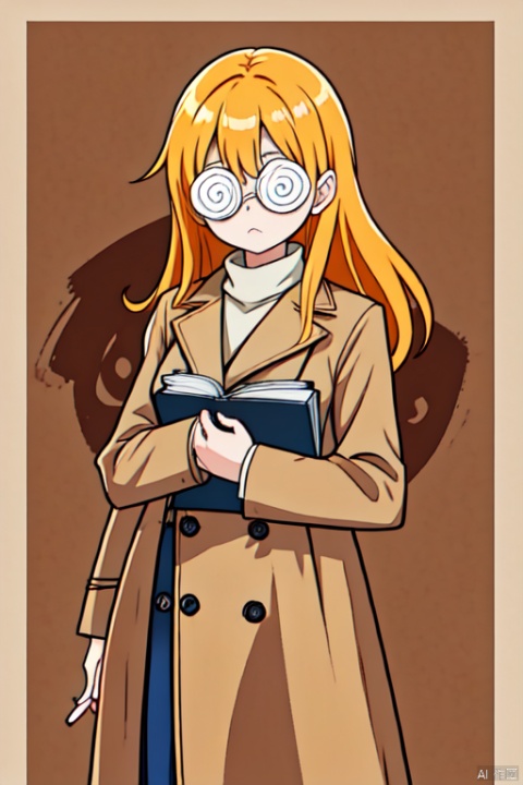  1girl, ((@@_glasses)), ((@ @)), ((spiral_eyes)), solo, orange long hair, cowboy_shot, brown overcoat, frown, holding book, simple_background,,<lora:660447313082219790:1.0>