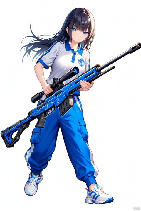  1girl, solo, long black hair, wielding a futuristic sniper rifle,
baggy_clothes, (white shirt), white polo_shirt with school_emblem, baggy_pants, oversized_blue_sweatpants, blue_joggers, oversized_clothes, blue_shirt_collars, short_sleeves, long_pants, blue_pants, ((white_background)), buttons, simple_background, blank background, abrstact_background, (masterpiece), breast, 