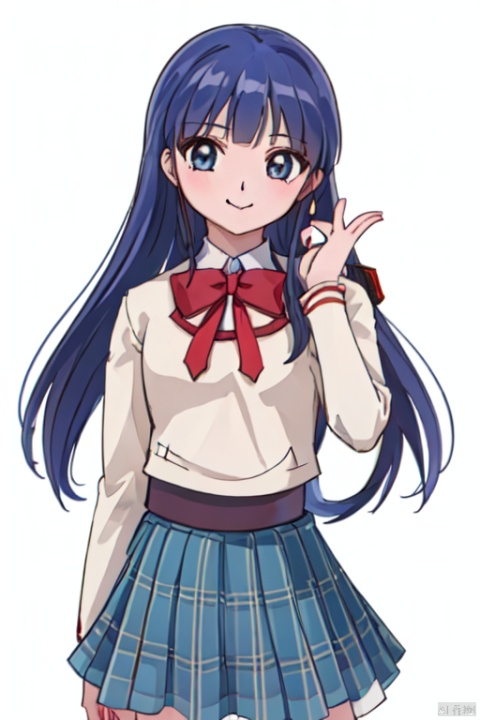 umi, mitakihara_school_uniform,1girl, solo, smile, looking at viewer, cowboy_shot, (begie jacket), juliet_sleeves, red bowtie, simple background, white background, umi ryuuzaki, blue long hair, plaid_skirt