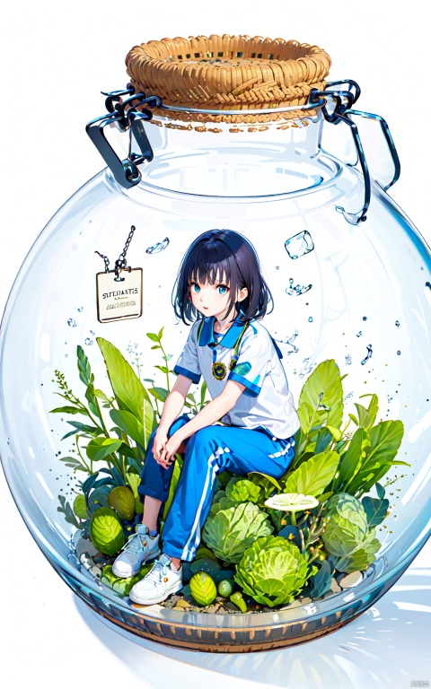  flat illustration style, minigirl, mini girl, 1girl in a jar, jar, simple background, full body, (cabbage) jar, vegetables, sitting, CHN_school_uniform, Chinese_school_uniform, blue pants, world in a bottle, black hair, white sneakers, line art, phgls, in container,
