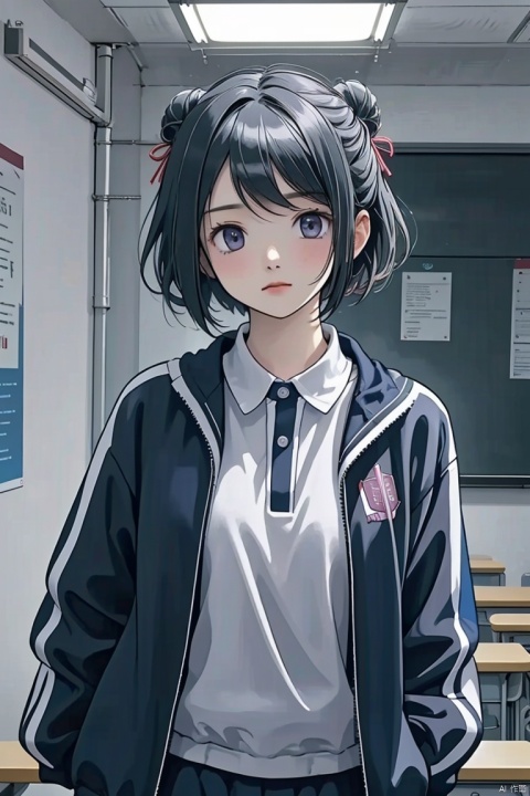  mS Uniform, mS Uniform jacket,1girl,solo, cowboy_shot, short hair, looking at viewer, black hair, unease, open clothes, classroom, kuroe (madoka magica), hair bun, red hairband, dot nose, closed mouth, sidelocks,