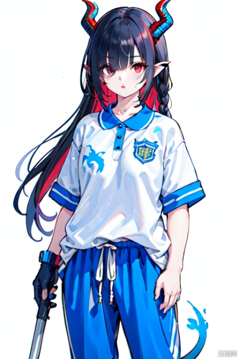  1girl, solo, standing, blue pants, cowboy_shot, white_background, CHN_school_uniform ,chinese_school_uniform, black hair, holding weapon, hair over one eye, pointy ears, dragon horns, red eyes, very long hair, multicolored hair, dragon tail, dragon girl, 