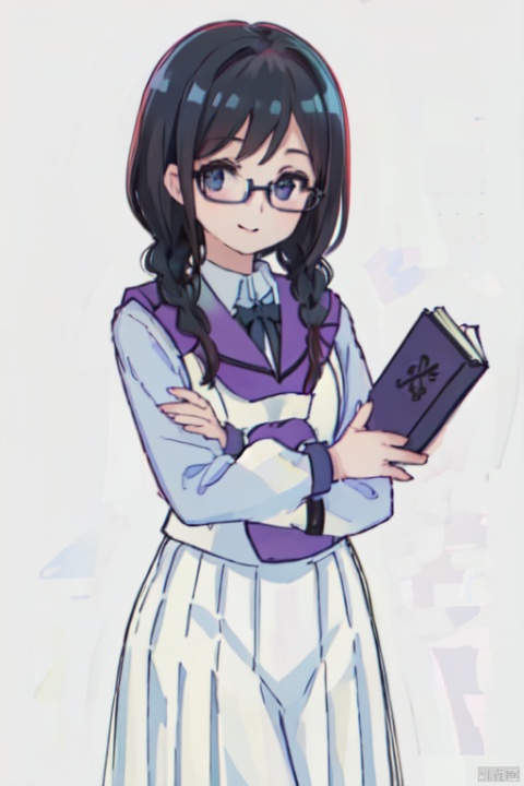  Noble_Academia_uniform,1girl, solo, smile, looking at viewer, cowboy_shot, simple background, white background, holding a book, crossed_arms , bp-homura, glasses, braids, black hair,