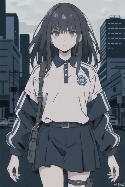  1girl, solo, cowboy_shot, looking at viewer, (open clothes), outdoors, cityscapes, heavy rain, white shirt under jacket, 
(inoue_takina), black hair, purple eyes, closed_mouth, serious, webbing, holster, tactical gear, belt pockets, mS uniform jacket, CHN_school_uniform, Chinese_school_uniform, polo shirt,