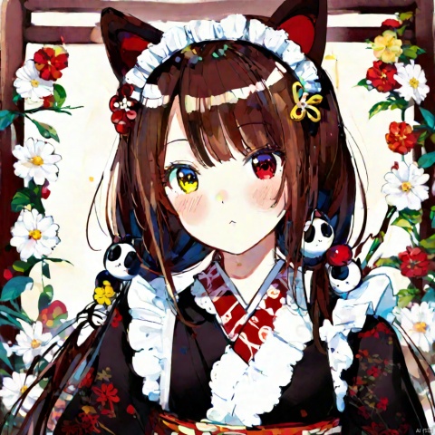  1girl, solo, looking at viewer, blush, bangs, brown hair, hair ornament, red eyes, animal ears, twintails, closed mouth, yellow eyes, upper body, flower, japanese clothes, virtual youtuber, hair flower, kimono, maid headdress, low twintails, heterochromia, dog ears, black kimono, wa maid, inui toko,,,<lora:660447824183329044:1.0>