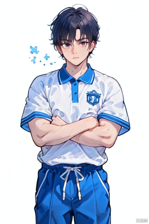  1boy, solo, standing, (black_hair), blue pants, cowboy_shot, white_background, CHN_school_uniform ,chinese_school_uniform, white polo shirt, short_sleeves, Apricot eye, 1male, muscular, arms_crossed, ,,<lora:660447313082219790:1.0>