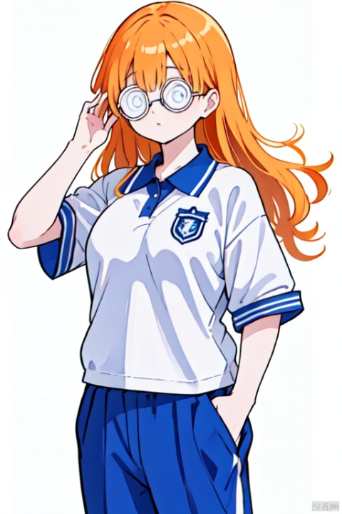  1girl, ((@@_glasses)), ((@ @)), solo, school_uniform, orange long hair, CHN_school_uniform, chinese_school_uniform, track pants, polo shirt,,<lora:660447313082219790:1.0>