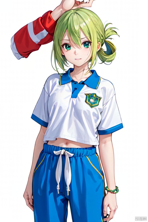  1girl, solo, green hair, standing, smirk, curious, rest_chin_on_hand, support_head_with_hand, hand_on_cheeks, blue pants, cowboy_shot, white_background, CHN_school_uniform ,chinese_school_uniform, alina gray, blunt ends,single hair ring,small breasts, hair rings,blush,wristband,