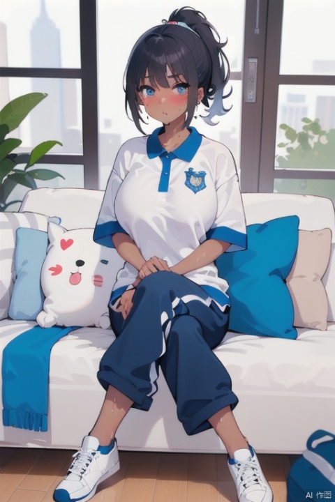  1girl, solo, confused_look, black_hair, high_ponytail, sitting, brown_skin, dark_skinned_female, crossed_legs_(sitting), blue baggy pants, CHN_school_uniform, Chinese_school_uniform, white sneakers, large_breasts, muscular_female, sofa, coach, clothes_dentation, window, indoors, sweat, blush, 