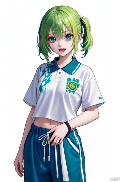  1girl, solo, green hair, standing, smile, open mouth, paint splatter, paint, (paint splatter on face), hand_on_face, blue pants, cowboy_shot, white_background, CHN_school_uniform ,chinese_school_uniform, alina gray, blunt ends,single hair ring,small breasts, hair rings,wristband,