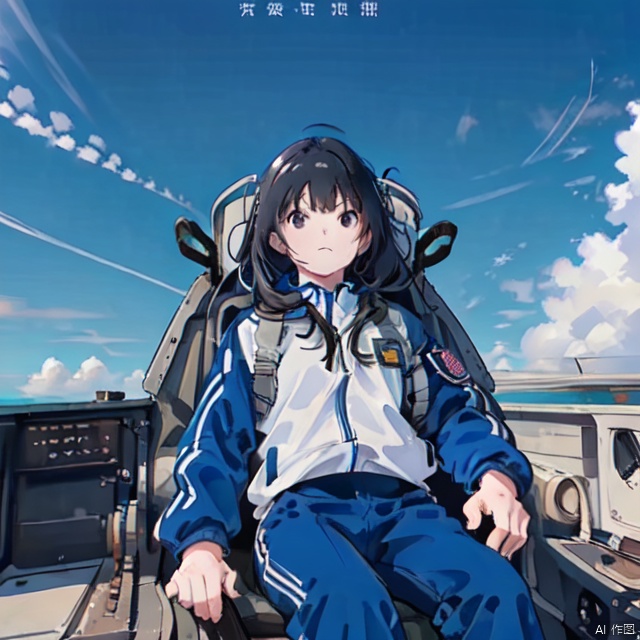  (cockpit), (machinery), canopy, seat, solo, facing viewer, 1girl, black hair, detailed, ((blue sky)), CHN_school_uniform, clouds, sky, long blue pants, mS uniform jacket, high above, horizon, explosion, contrails, , machinery