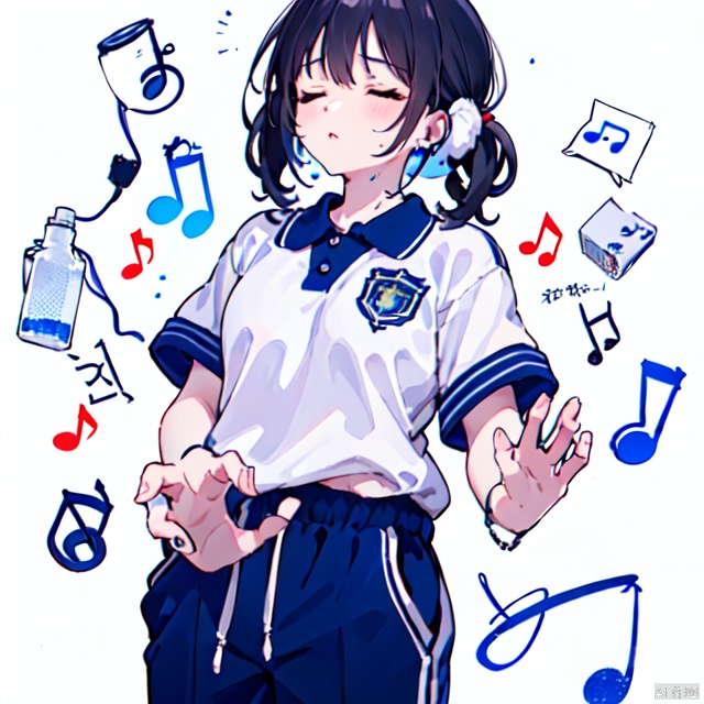  1girl, solo, listening music, closed_eyes, hands_raised, arm_raised, standing, long black hair, blue pants, cowboy_shot, white_background, CHN_school_uniform ,chinese_school_uniform, musical_notes, earbud chord, [earphone], 