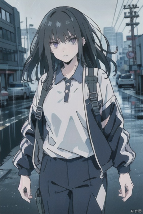  1girl, solo, cowboy_shot, looking at viewer, open clothes, outdoors, cityscapes, heavy (rain), white shirt under jacket, 
(inoue_takina), black hair, purple eyes, closed_mouth, serious, holster belt, tactical backpack, mS uniform jacket, CHN_school_uniform, Chinese_school_uniform, polo shirts, pants,