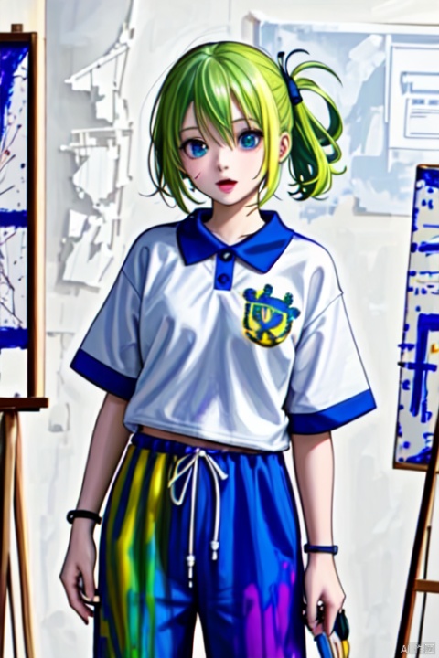 1girl, solo, green hair, standing, smile, open mouth, orange and purple paint splatter on shirt, paint, (paint splatter on face), blue pants, cowboy_shot, hand raised, CHN_school_uniform ,chinese_school_uniform, alina gray, blunt ends,single hair ring,small breasts, hair rings,wristband, [[paintbrush]],  paint, painting \(action\), palette \(object\), canvas \(object\), easel,  dark indoors,,<lora:660447313082219790:1.0>